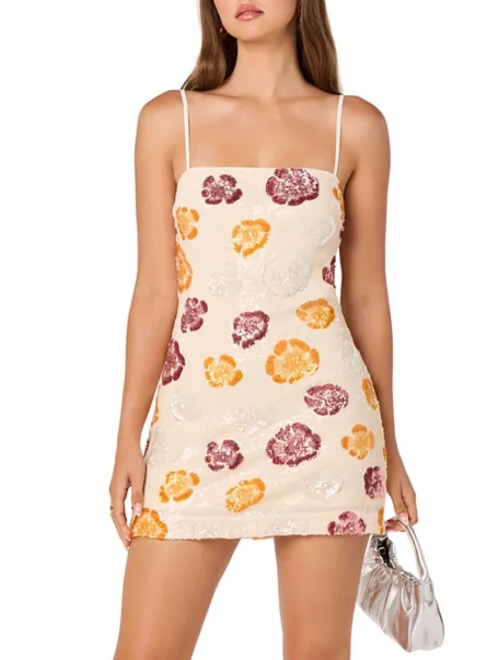 ASTR-Sequin Floral Slip Dress in Cream with Orange & Burgundy Flowers